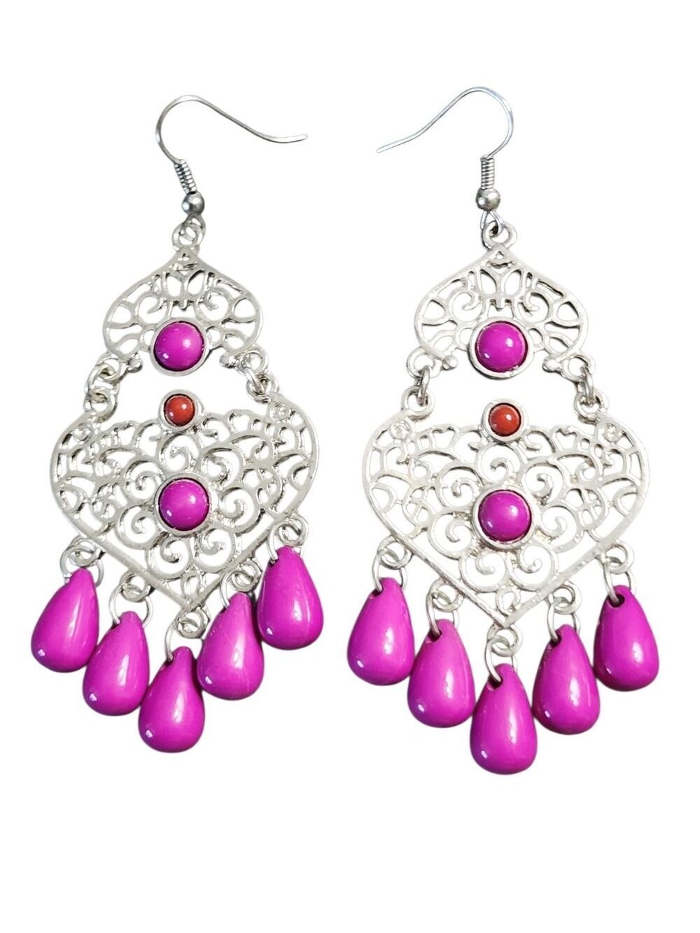 Silvertone Filigree Chandelier Earrings Fuchsia Beads